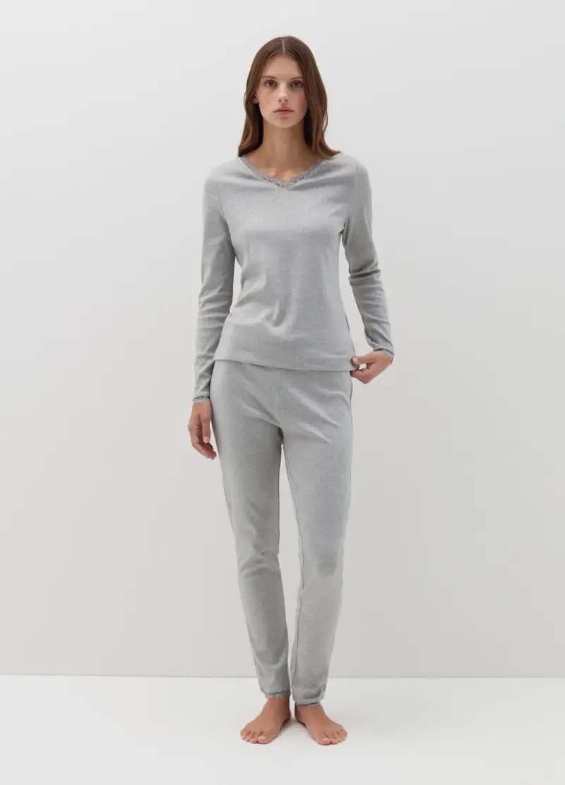 Pigiama Lungo Con Lurex E Profili In Pizzo, Donna, Grigio