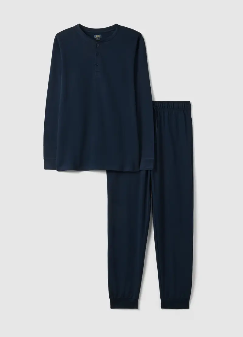 Pigiama Lungo In Puro Cotone Blu Regular Fit Con Collo Serafino, Uomo, Blu