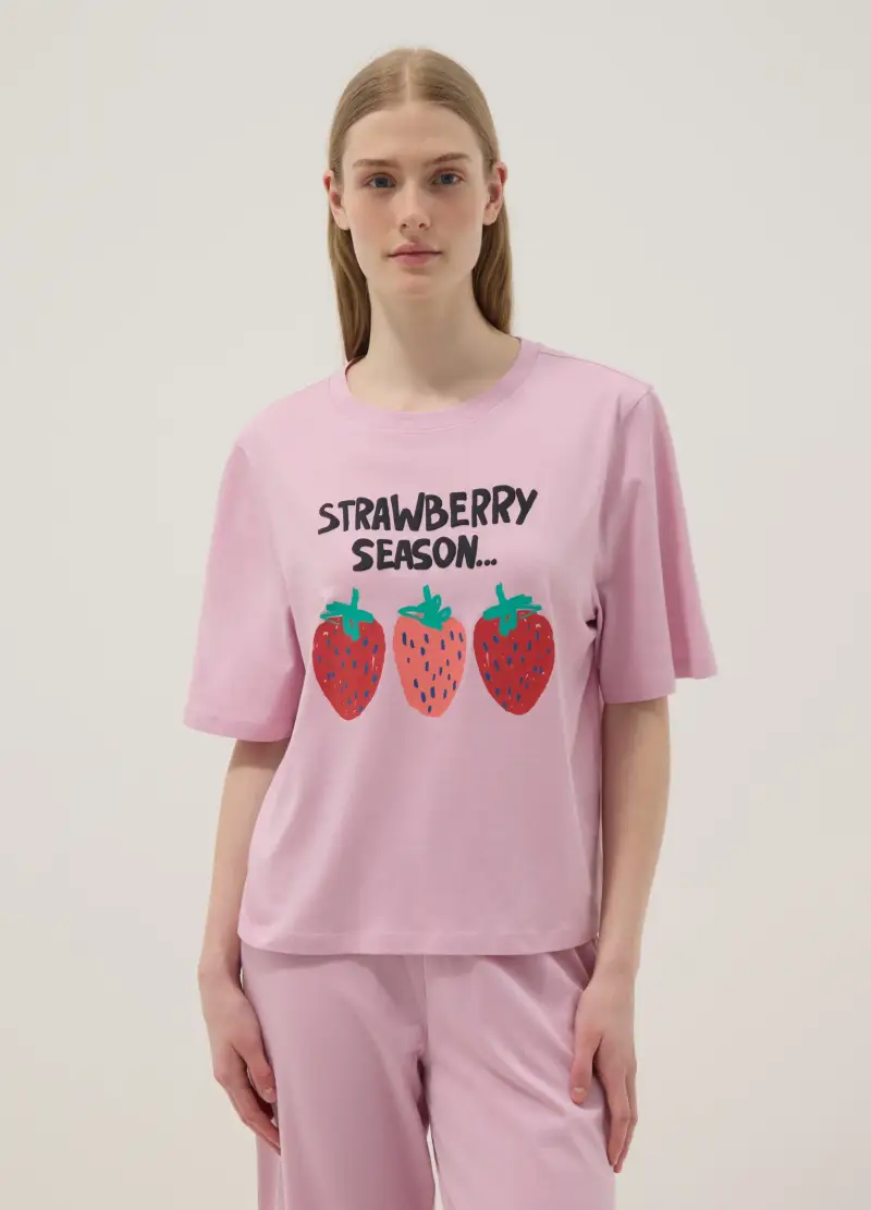 Pigiama Lungo In Puro Cotone Rosa Regular Fit Con Fragole, Donna, Rosa miniatura 2