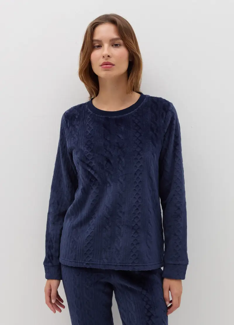 Pigiama Lungo In Velour Con Motivo Intrecciato, Donna, Blu miniatura 2