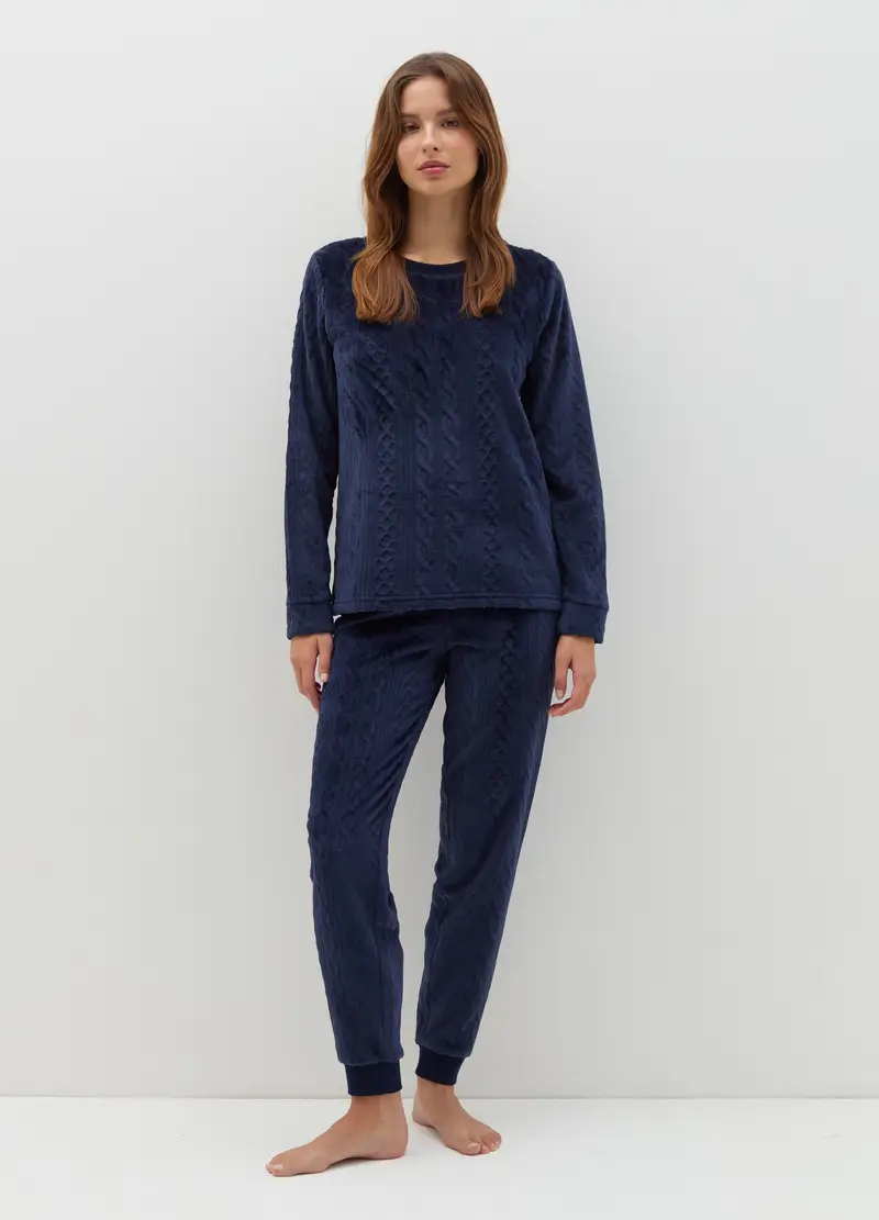 Pigiama Lungo In Velour Con Motivo Intrecciato, Donna, Blu