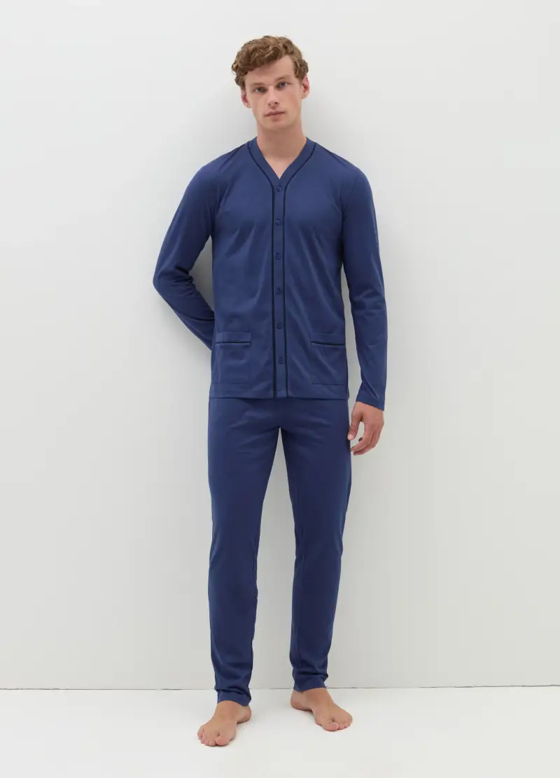 Pigiama Lungo Top Con Piping A Contrasto, Uomo, Blu