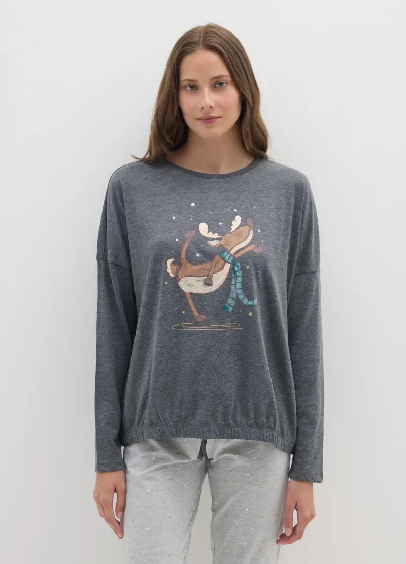 Pigiama Natalizio Grigio In Misto Cotone Regular Fit Con Stampa, Donna, Grigio miniatura 2