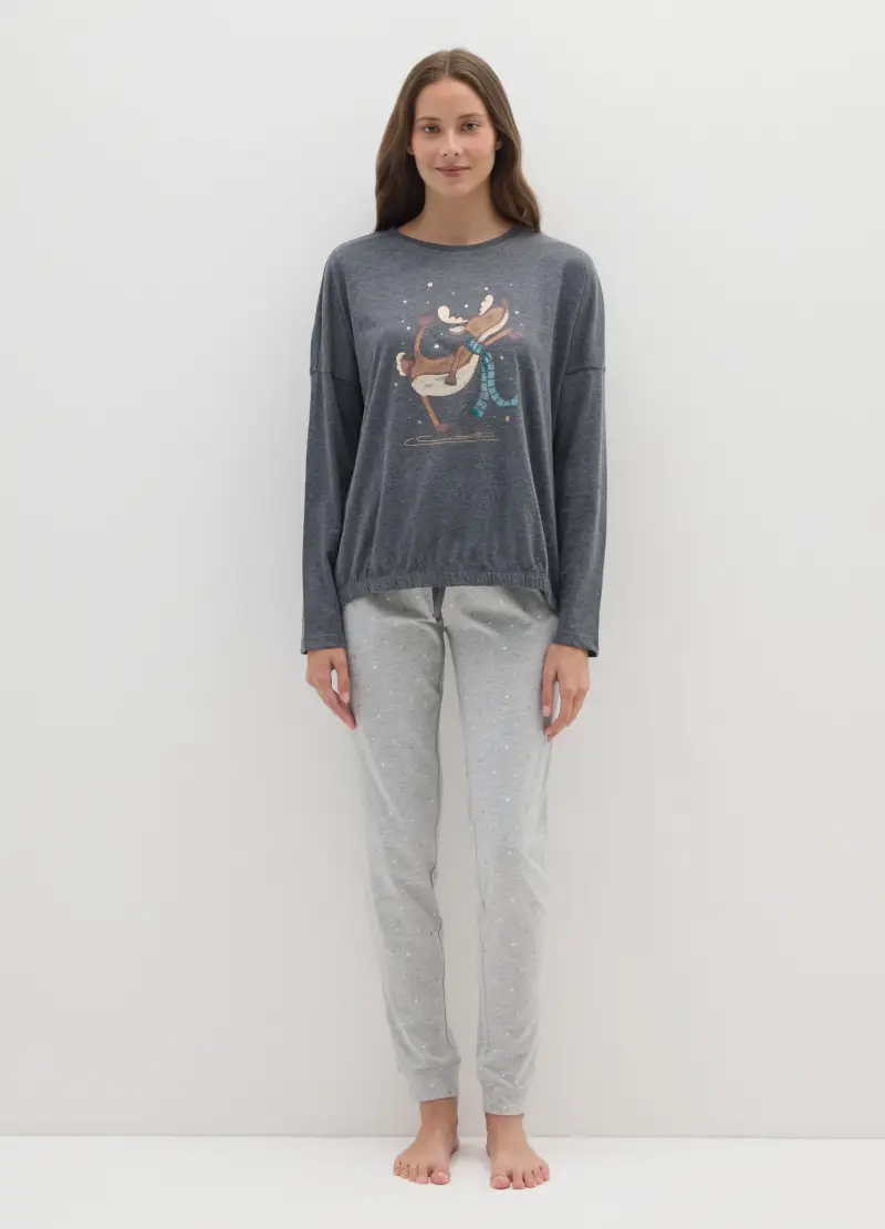 Pigiama Natalizio Grigio In Misto Cotone Regular Fit Con Stampa, Donna, Grigio