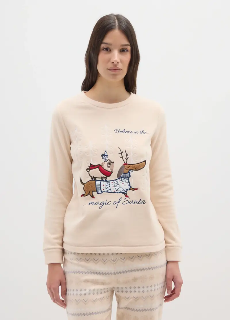 Pigiama Natalizio In Pile Beige Regular Fit Con Stampa, Donna, Beige miniatura 2