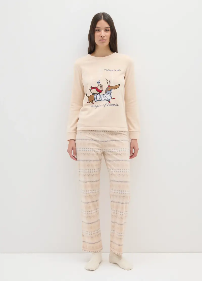Pigiama Natalizio In Pile Beige Regular Fit Con Stampa, Donna, Beige