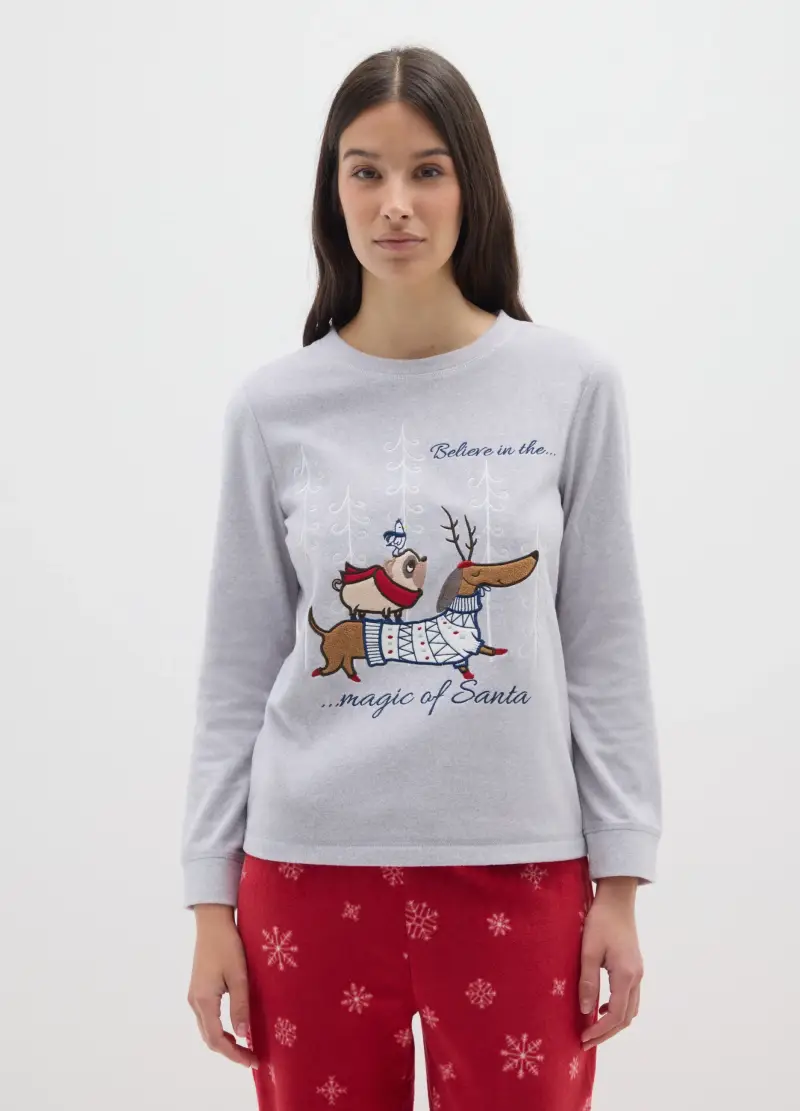 Pigiama Natalizio In Pile Grigio E Rosso Regular Fit Con Stampa, Donna, Multicolor miniatura 2