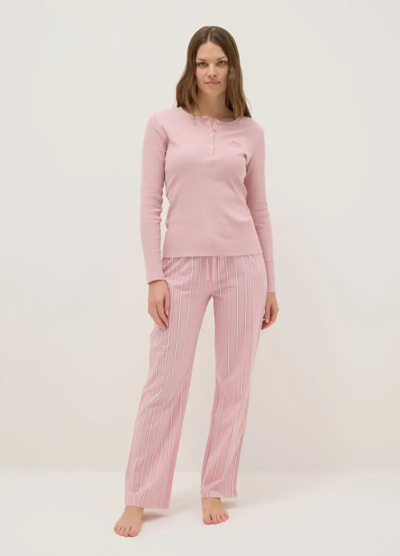 Pigiama Rosa A Righe In Puro Cotone Regular Fit, Donna, Rosa