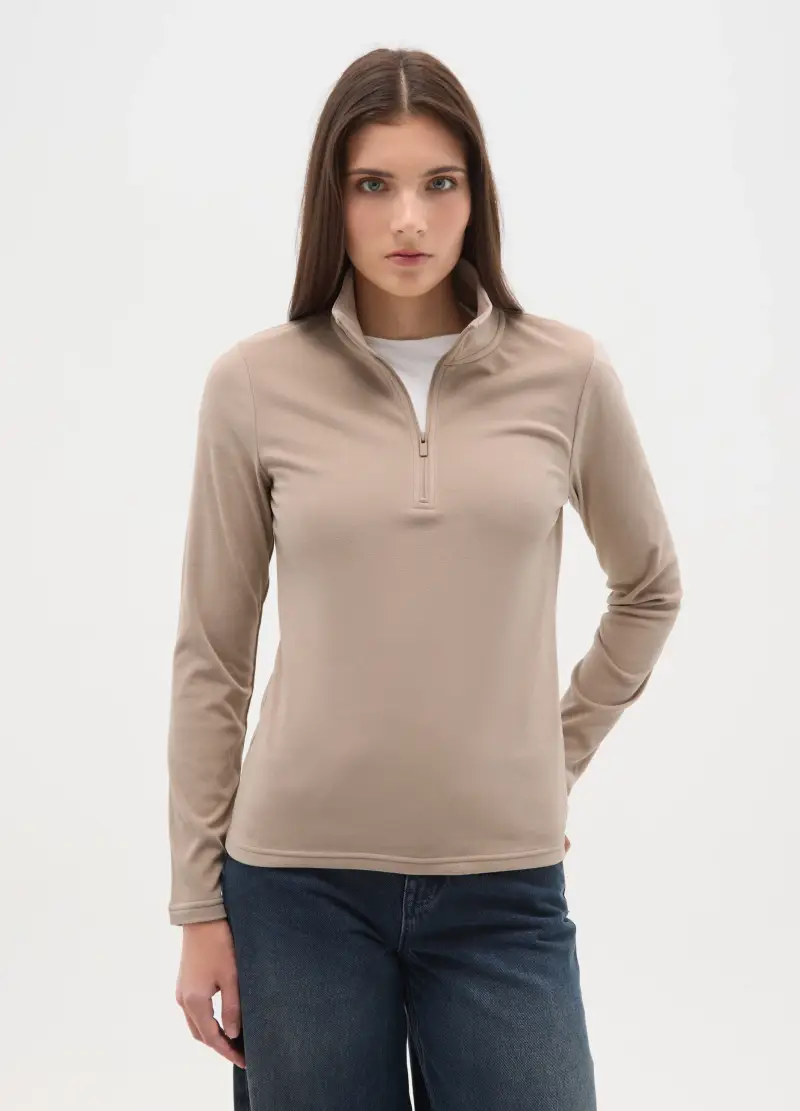 Pile A Collo Alto Beige Con Mezza Zip Regular Fit, Donna, Beige miniatura 2
