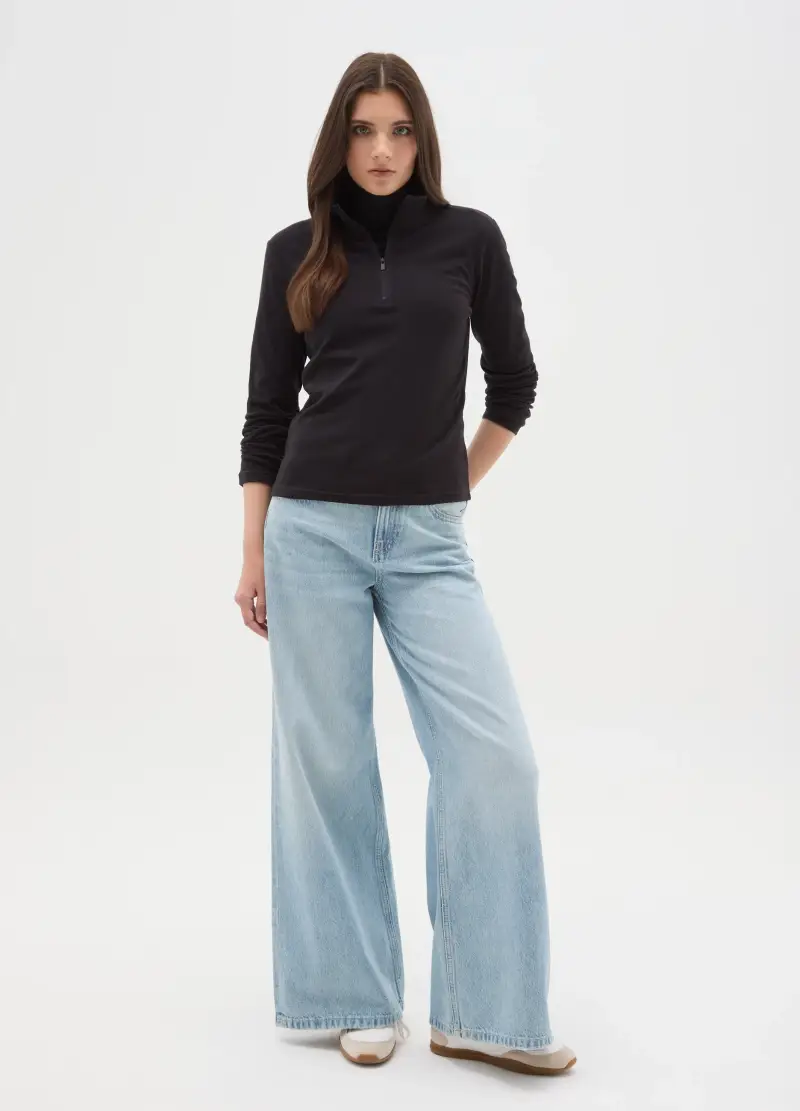 Pile A Collo Alto Nero Con Mezza Zip Regular Fit, Donna, Nero