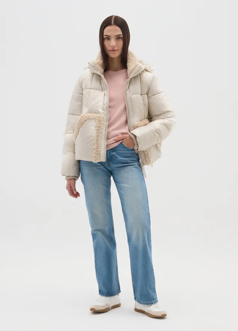 Piumino The Iconic Puffer Beige Chiaro Con Cappuccio E Dettagli Sherpa, Donna, Beige miniatura 2