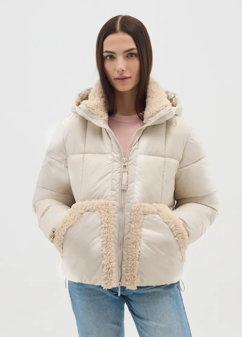 Piumino The Iconic Puffer Beige Chiaro Con Cappuccio E Dettagli Sherpa, Donna, Beige miniatura 3