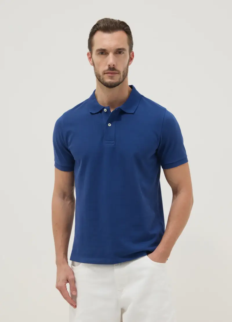 Polo A Maniche Corte In Puro Cotone Blu Regular Fit, Uomo, Blu miniatura 2