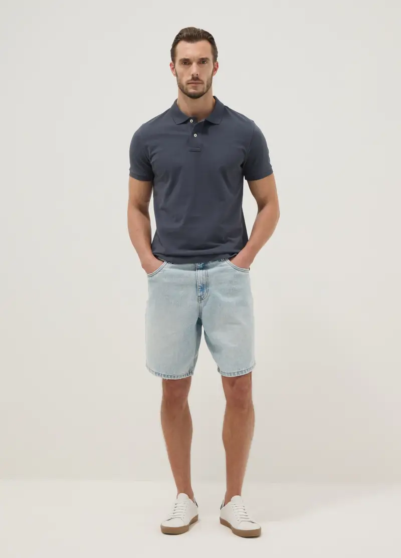 Polo A Maniche Corte In Puro Cotone Blu Slim Fit, Uomo, Blu miniatura 2
