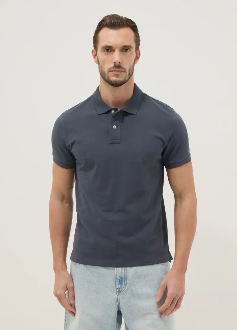 Polo A Maniche Corte In Puro Cotone Blu Slim Fit, Uomo, Blu miniatura 3
