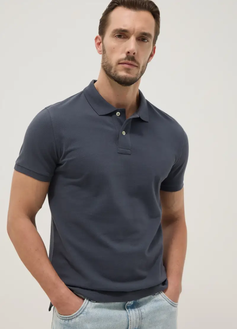 Polo A Maniche Corte In Puro Cotone Blu Slim Fit, Uomo, Blu