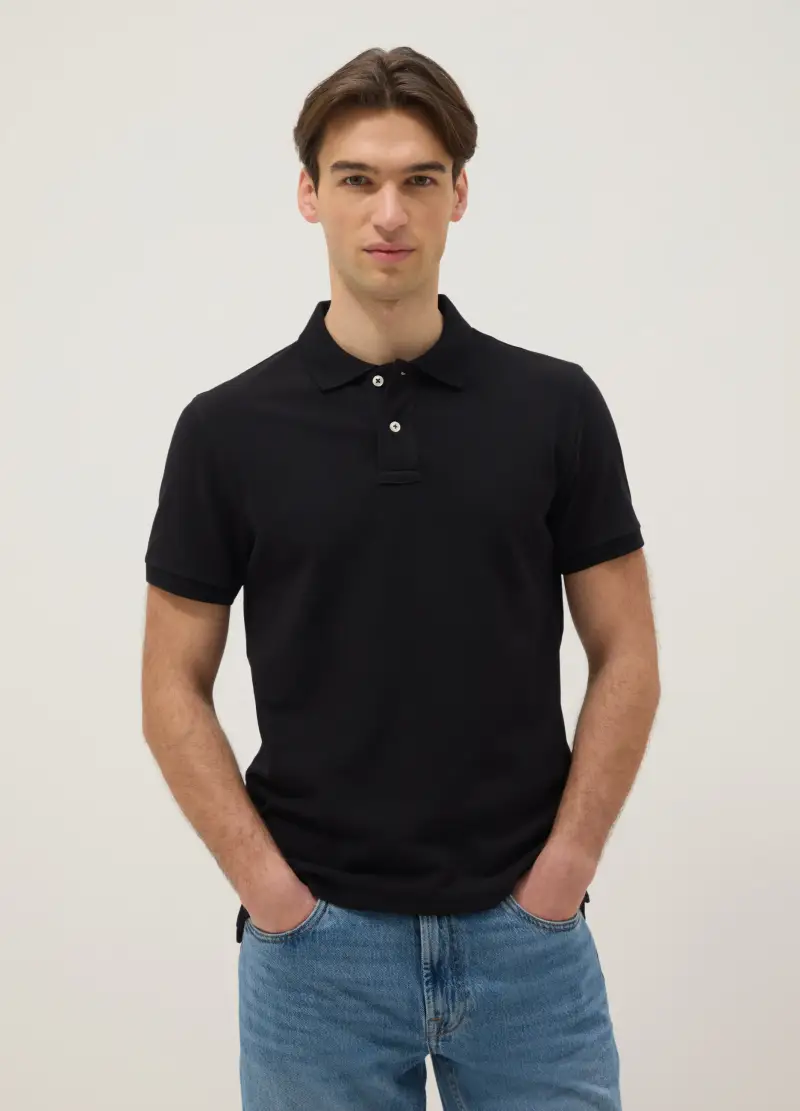Polo A Maniche Corte In Puro Cotone Organico Nero Slim Fit, Uomo, Nero