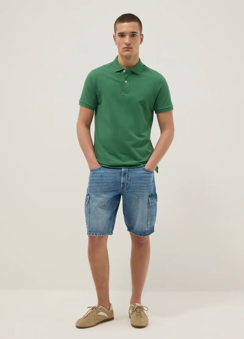 Polo A Maniche Corte In Puro Cotone Verde Regular Fit, Uomo, Verde miniatura 2