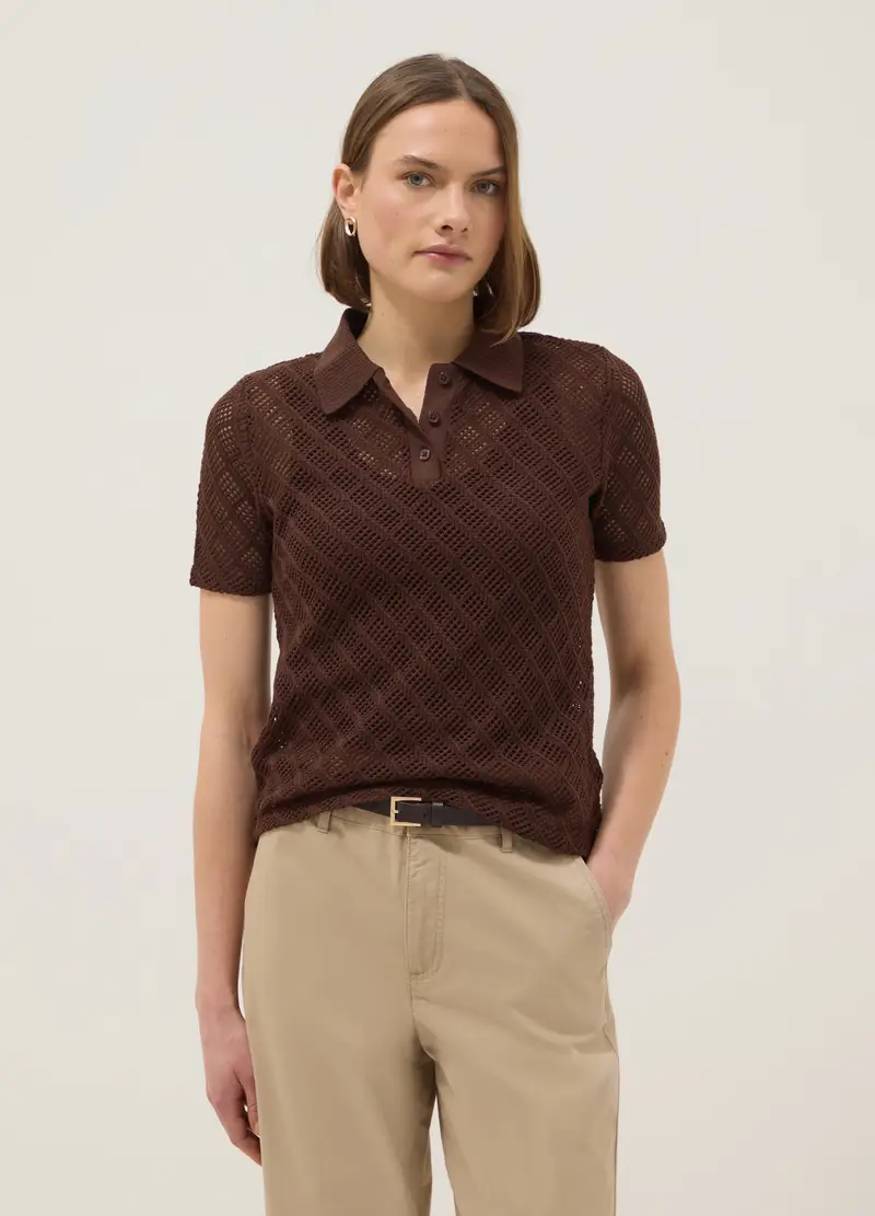 Polo A Maniche Corte Marrone Regular Fit Con Texture A Rete, Donna, Marrone