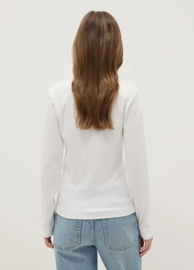 Polo A Maniche Lunghe Bianca Con Collo A V In Puro Cotone Regular Fit, Donna, Bianco miniatura 3