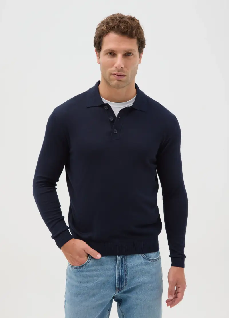 Polo A Maniche Lunghe Blu In Misto Cotone E Seta Regular Fit, Uomo, Blu
