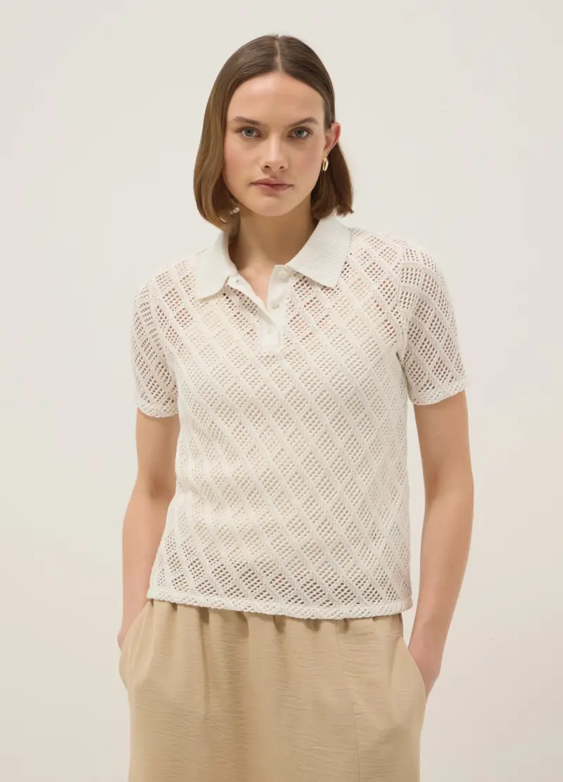 Polo Bianca Regular Fit Con Texture A Rete, Donna, Bianco