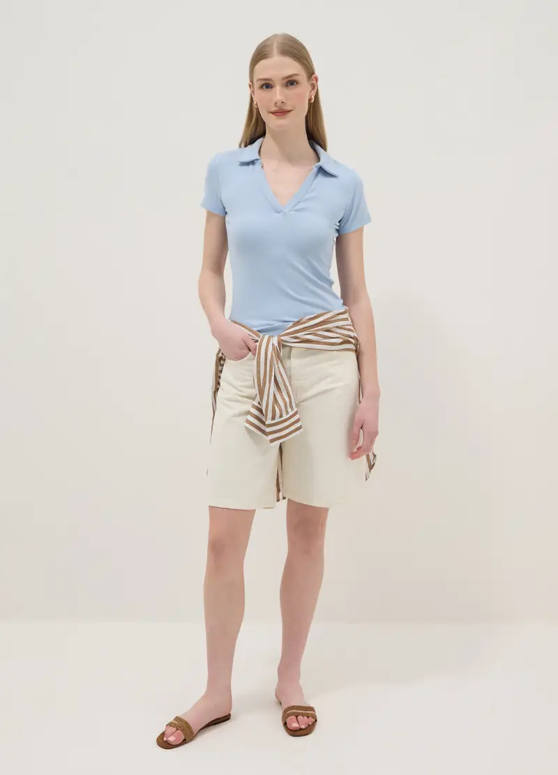 Polo In Cotone Elasticizzato Azzurra Regular Fit Deep V, Donna, Azzurro miniatura 2