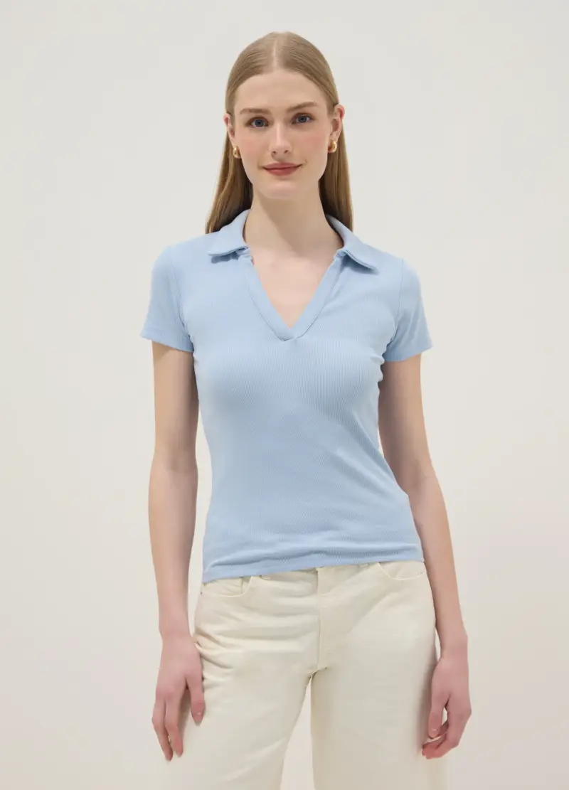 Polo In Cotone Elasticizzato Azzurra Regular Fit Deep V, Donna, Azzurro miniatura 3