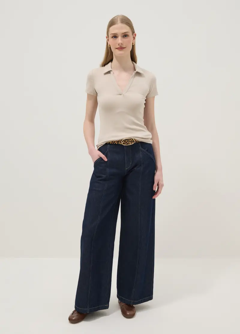 Polo In Cotone Elasticizzato Beige Regular Fit Deep V, Donna, Beige miniatura 2