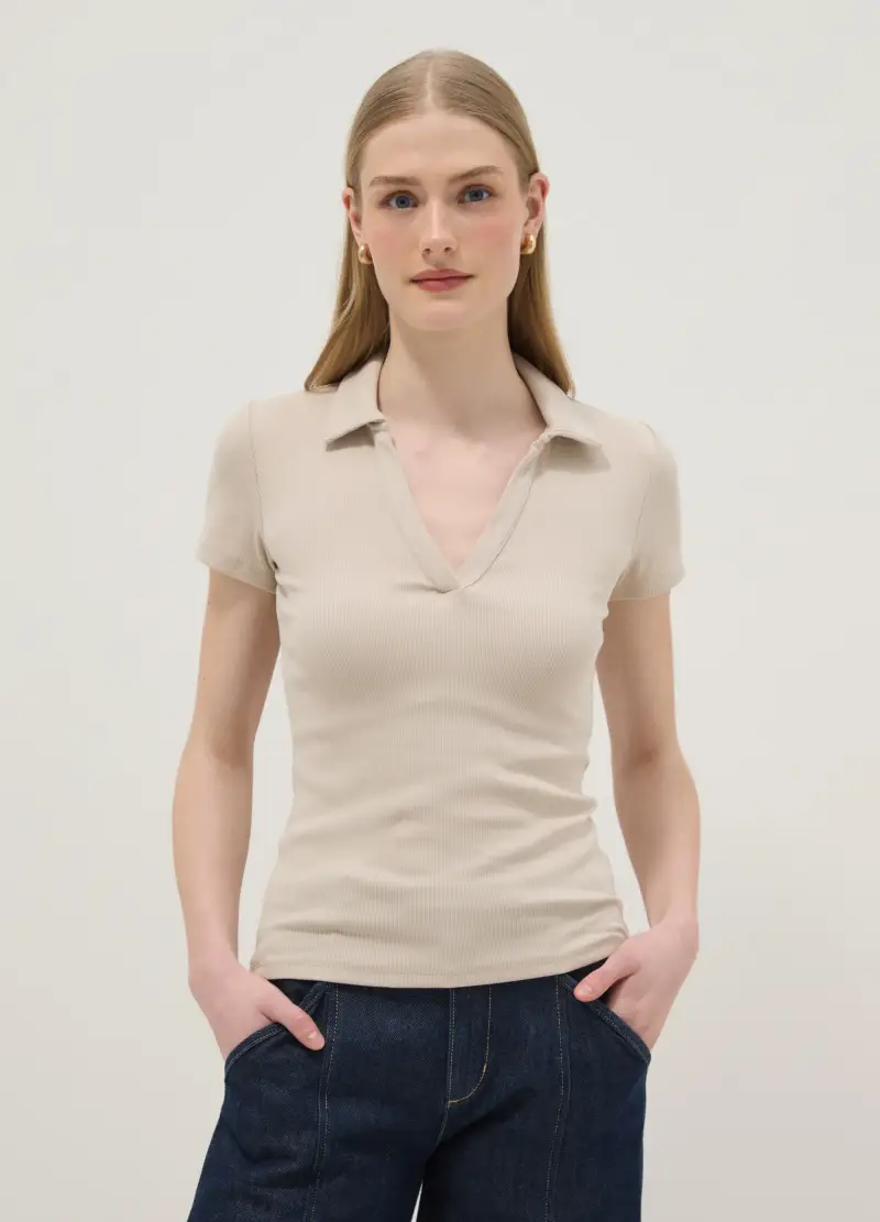 Polo In Cotone Elasticizzato Beige Regular Fit Deep V, Donna, Beige miniatura 3