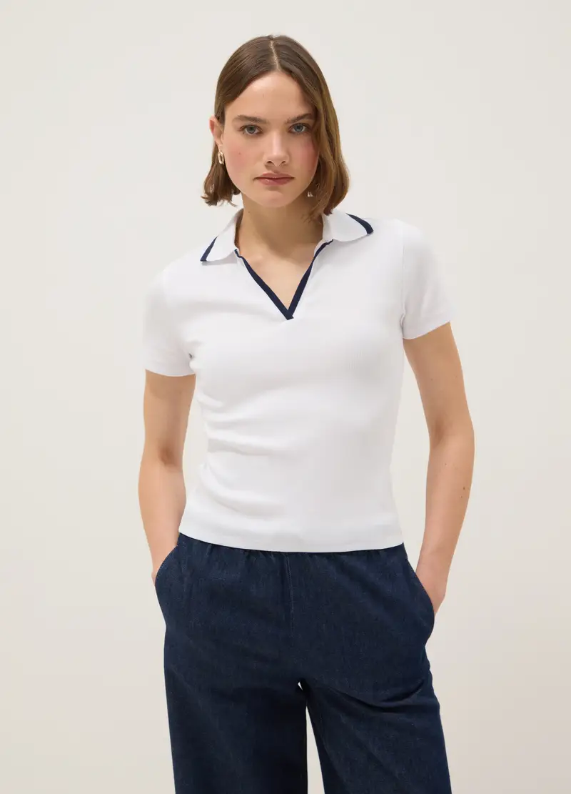 Polo In Cotone Elasticizzato Bianca Regular Fit Con Collo A Contrasto, Donna, Bianco