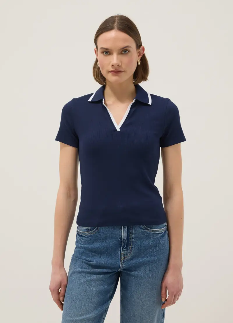 Polo In Cotone Elasticizzato Blu Regular Fit Con Collo A Contrasto, Donna, Blu