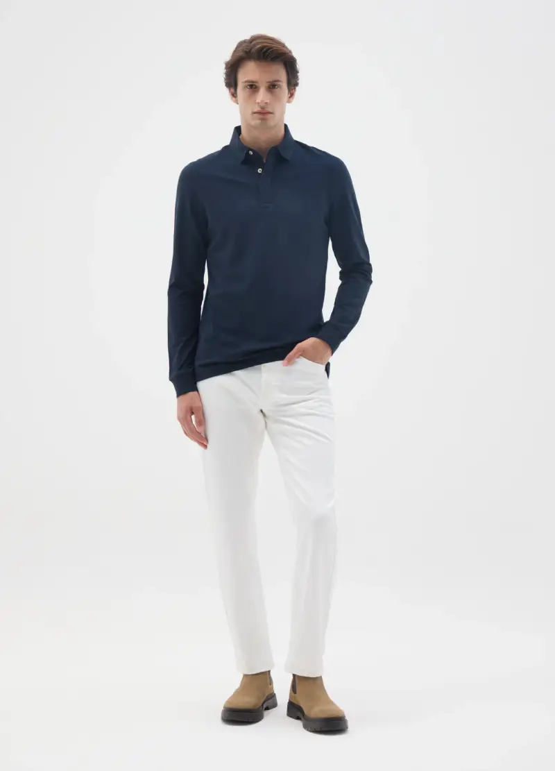 Polo In Cotone Elasticizzato Blu Regular Fit, Uomo, Blu miniatura 2