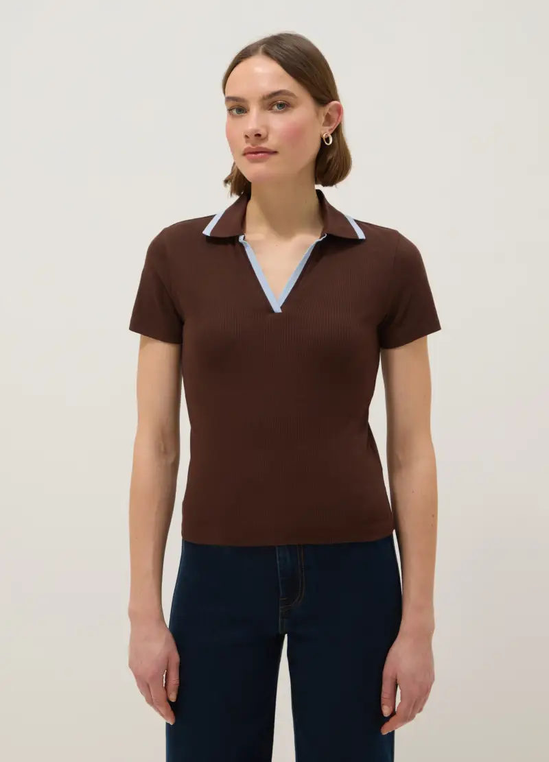 Polo In Cotone Elasticizzato Marrone Regular Fit Con Collo A Contrasto, Donna, Marrone