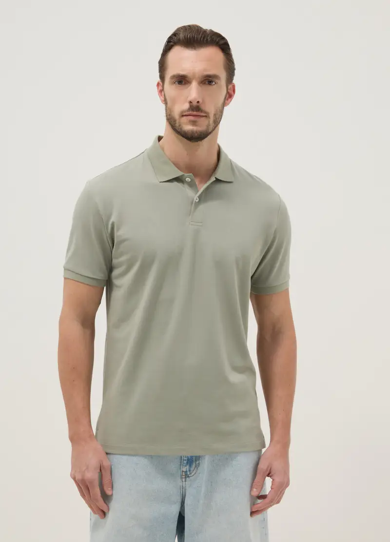Polo In Misto Cotone Elasticizzato Verde Regular Fit, Uomo, Verde miniatura 2