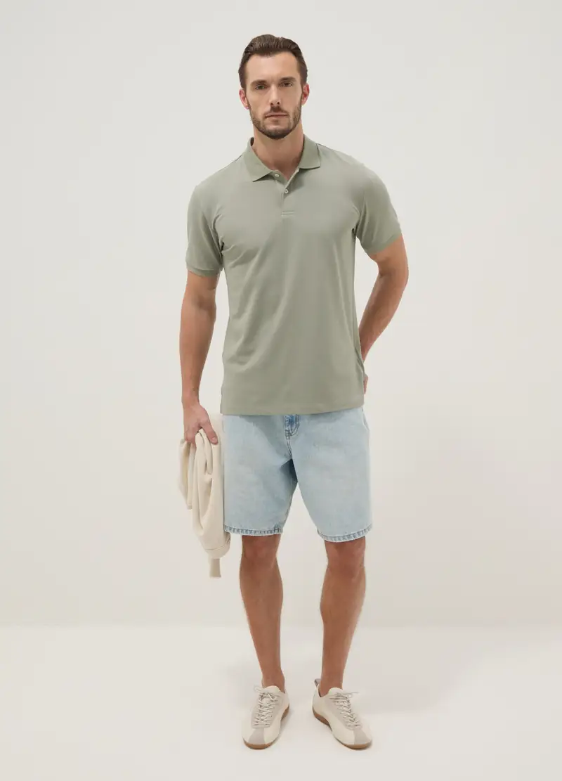 Polo In Misto Cotone Elasticizzato Verde Regular Fit, Uomo, Verde miniatura 3