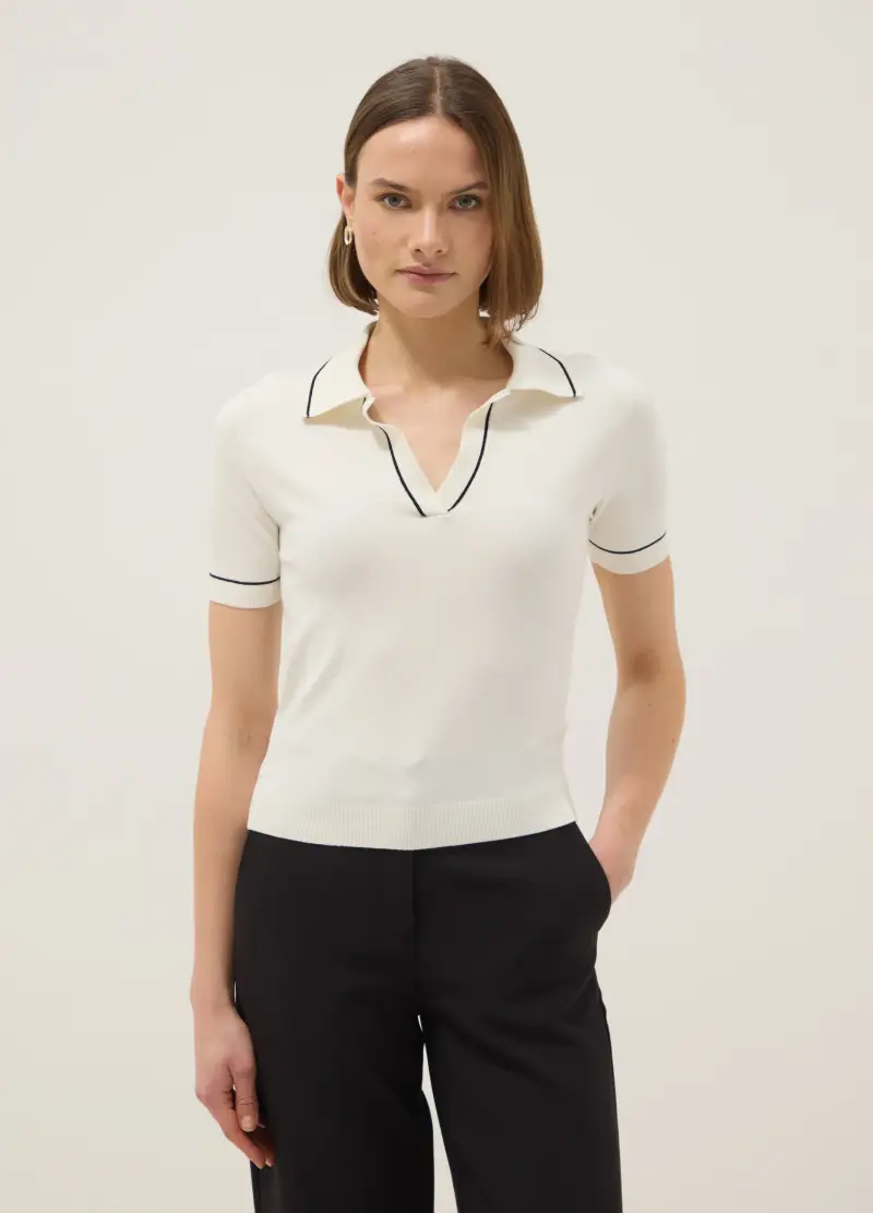 Polo In Misto Viscosa Bianca Slim Fit Con Cuciture A Contrasto, Donna, Bianco