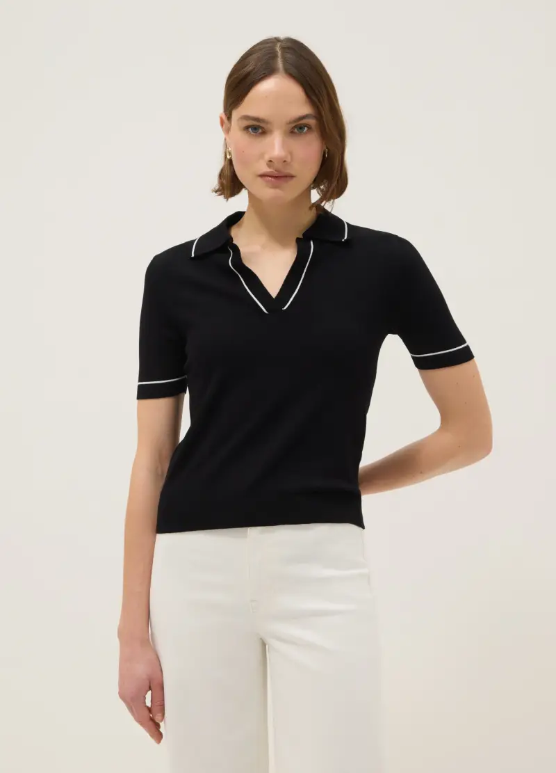 Polo In Misto Viscosa Nera Slim Fit Con Cuciture A Contrasto, Donna, Nero