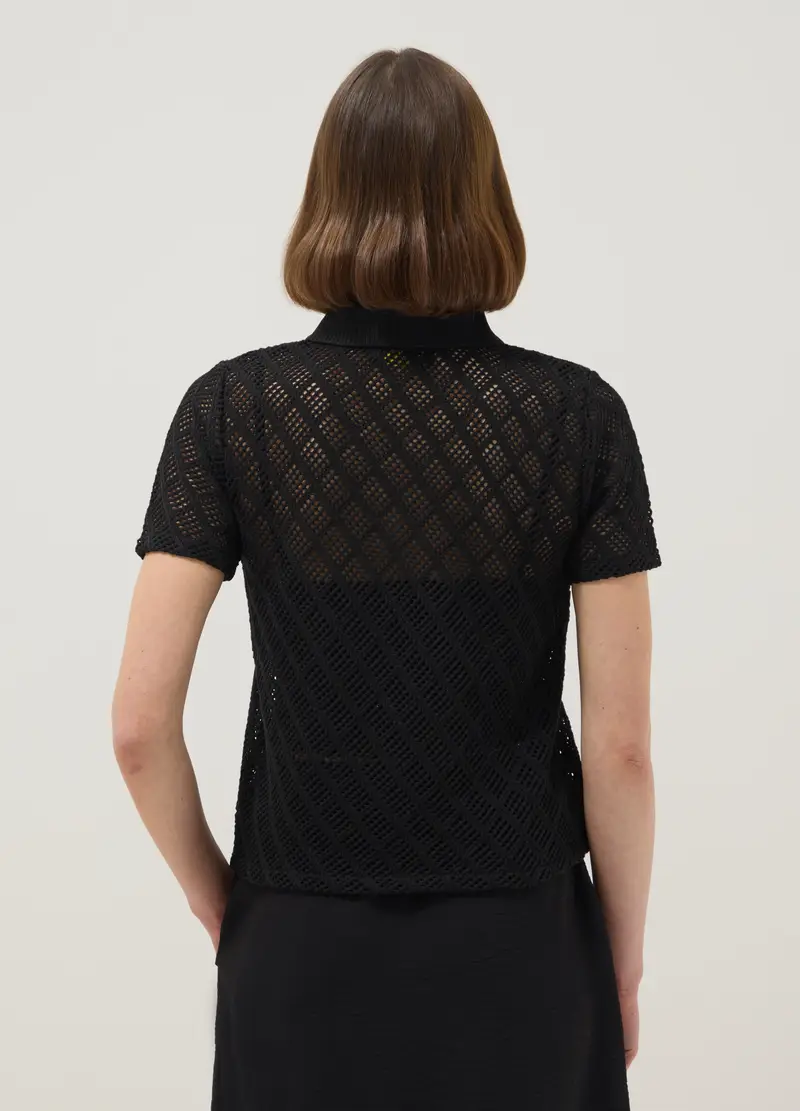 Polo Nera Regular Fit Con Texture A Rete, Donna, Nero miniatura 3