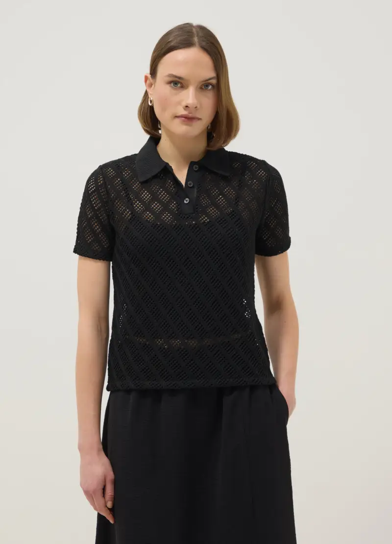Polo Nera Regular Fit Con Texture A Rete, Donna, Nero