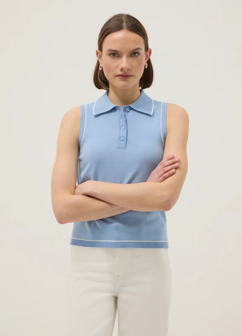 Polo Senza Maniche In Misto Viscosa Azzurra Slim Fit Con Bottoni, Donna, Azzurro