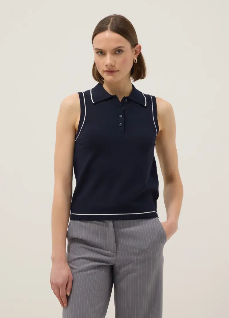 Polo Senza Maniche In Misto Viscosa Blu Slim Fit Con Bottoni, Donna, Blu