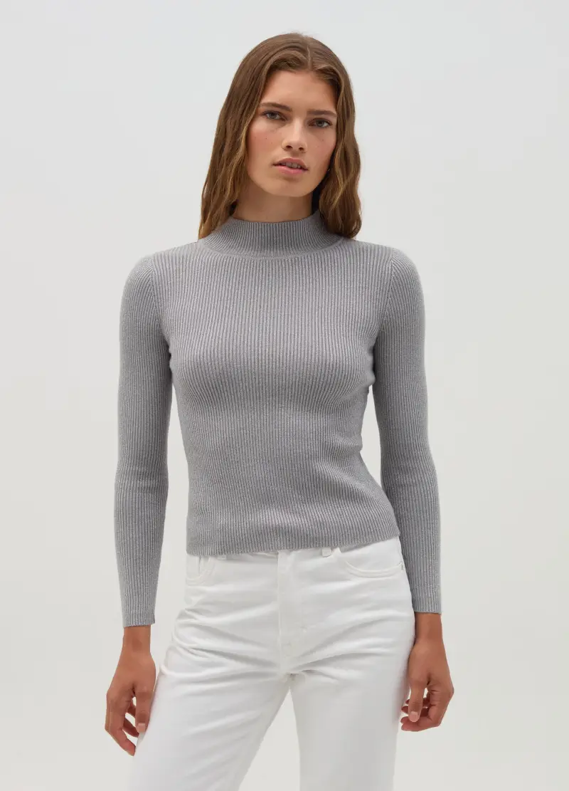 Pullover A Collo Alto Con Lurex, Donna, Grigio miniatura 2