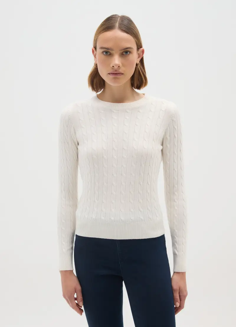 Pullover Bianco Con Collo Rotondo, Donna, Bianco