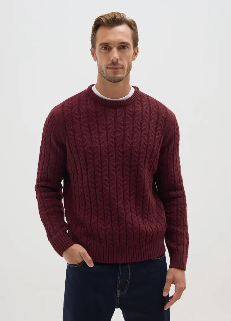Pullover Bordeaux Con Lavorazione Jacquard In Misto Lana, Uomo, Rosso miniatura 2