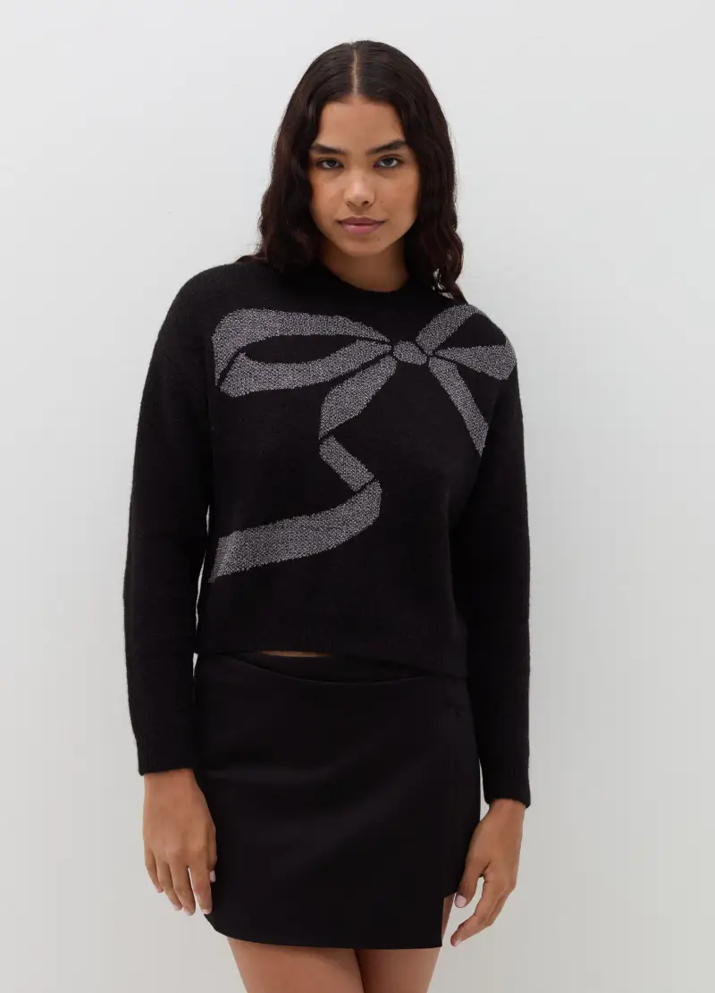 Pullover Con Fiocco Jacquard In Lurex, Donna, Nero miniatura 3
