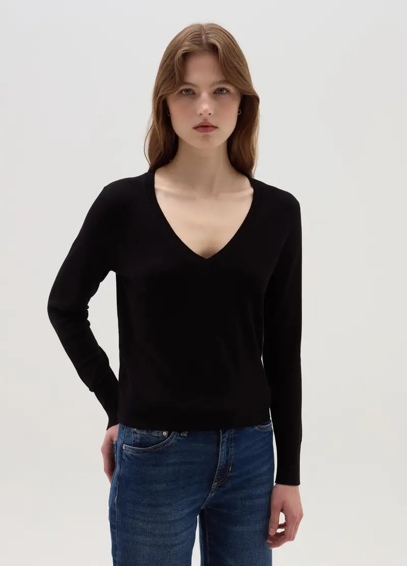 Pullover Con Scollo A V, Donna, Nero miniatura 2