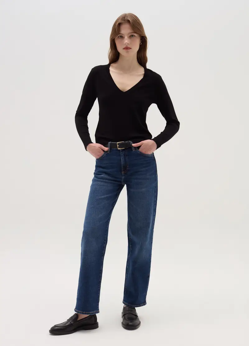 Pullover Con Scollo A V, Donna, Nero