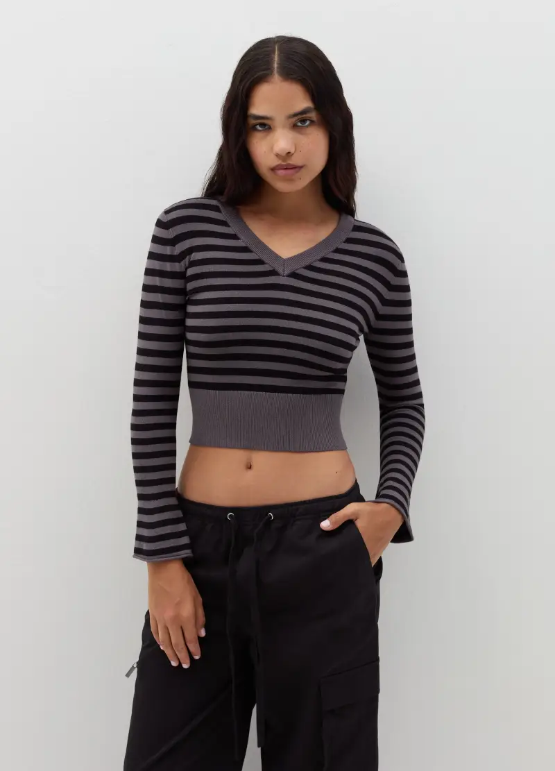 , Pullover Crop A Righe Con Scollo A V, Donna, Multicolor miniatura 2