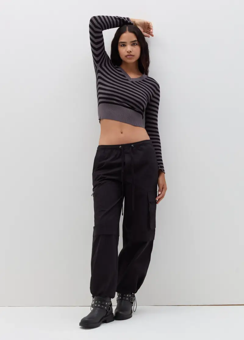 Pullover Crop A Righe Con Scollo A V, Donna, Multicolor